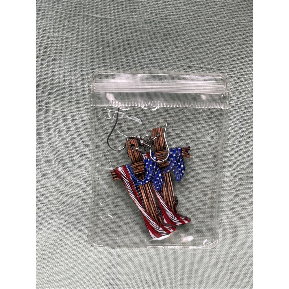 Patriotic American Flag Cross Dangle Earrings USA Christian Red White Blue